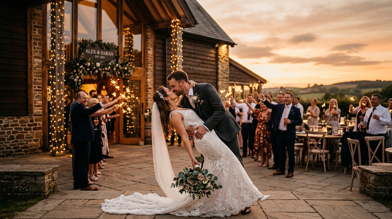 Newlyweds dip kissing at sunset at Mirewood