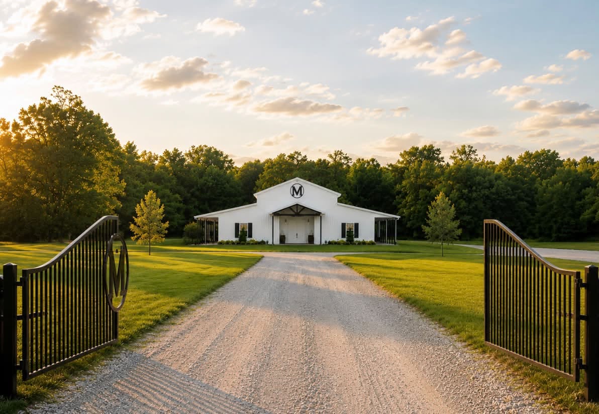 Mirewood venue entrance gate and barn at golden hour